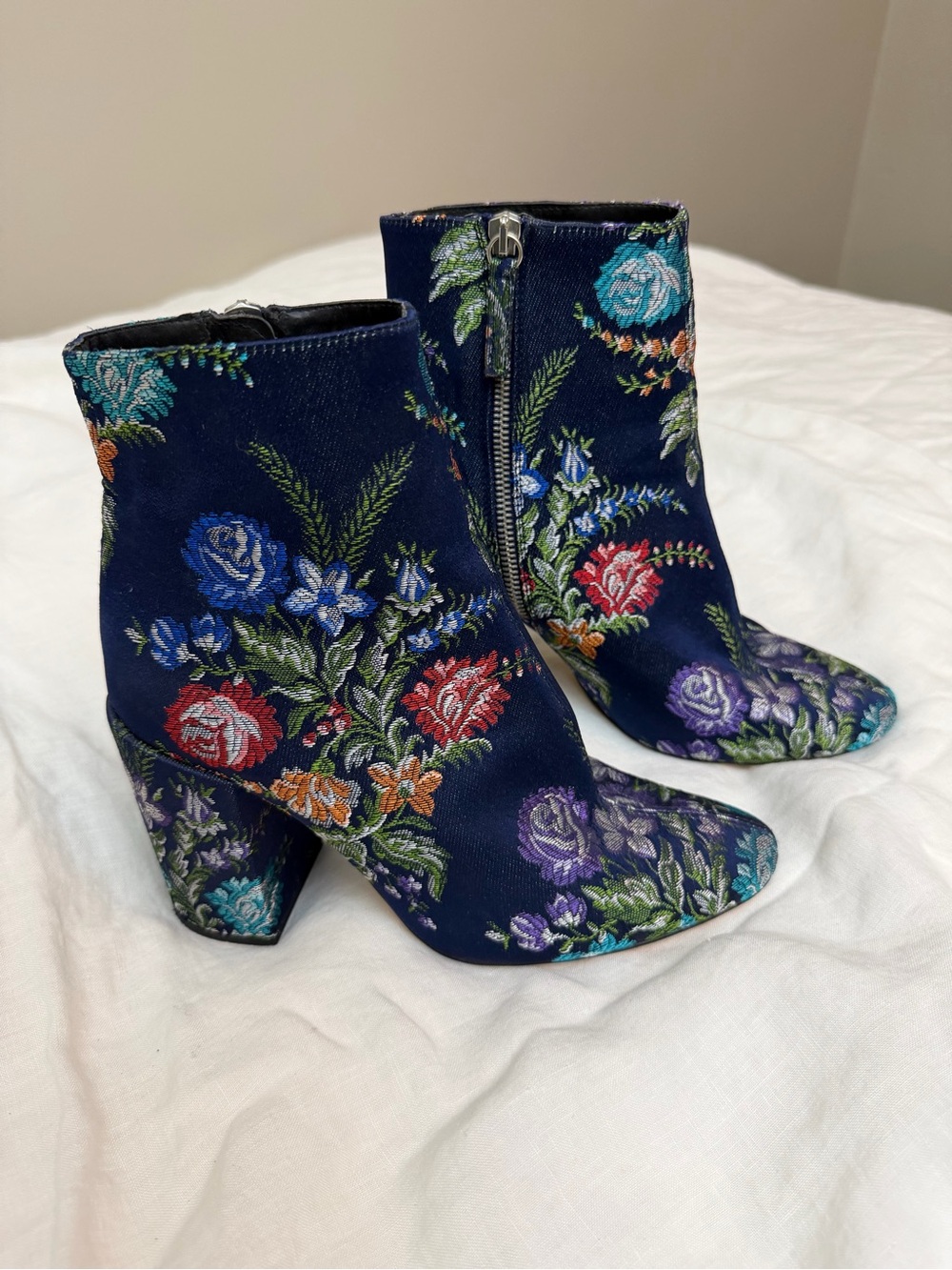 Floral Jacquard Navy Ankle Boots